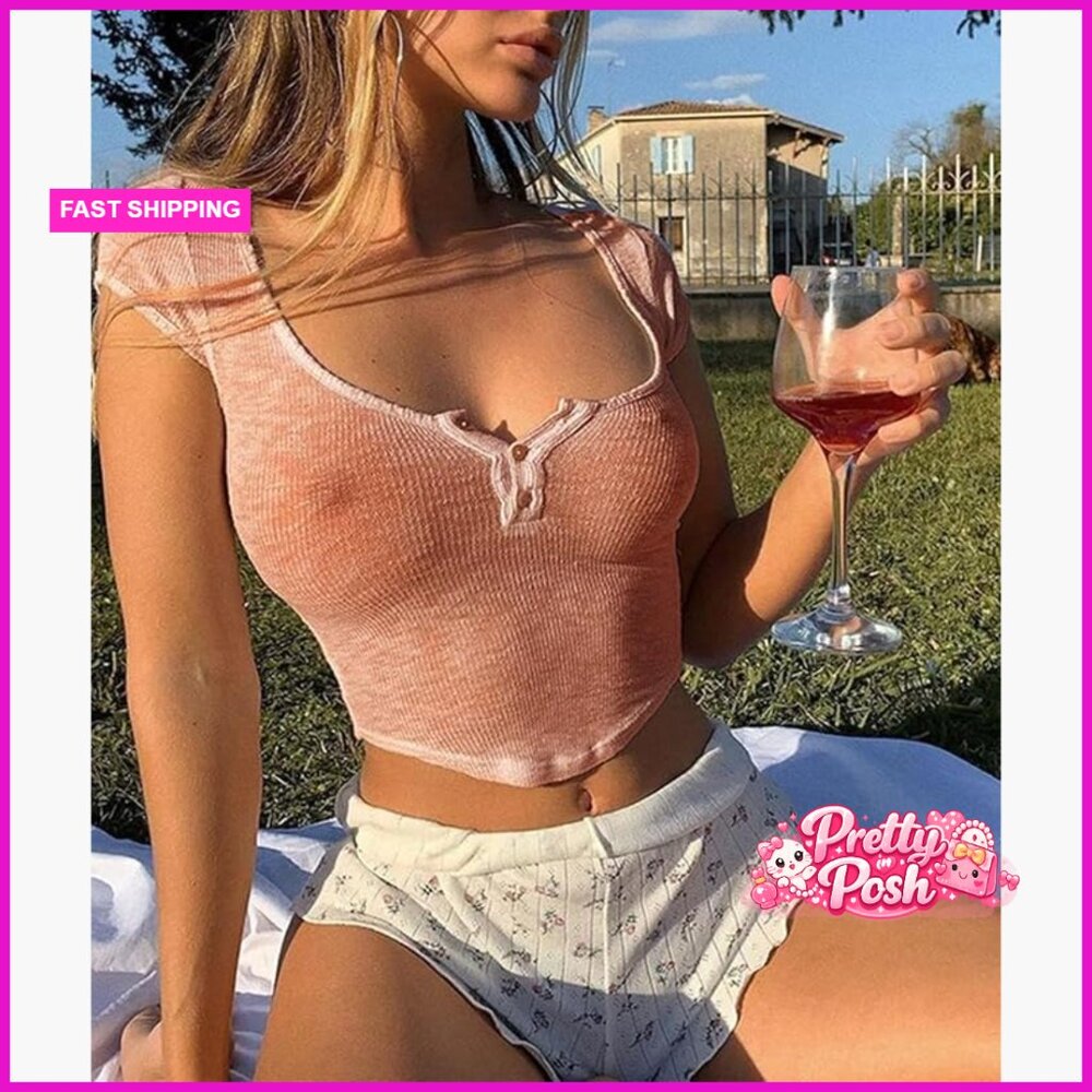 Polyester See Through Crop Top Button Front Squar… - image 5